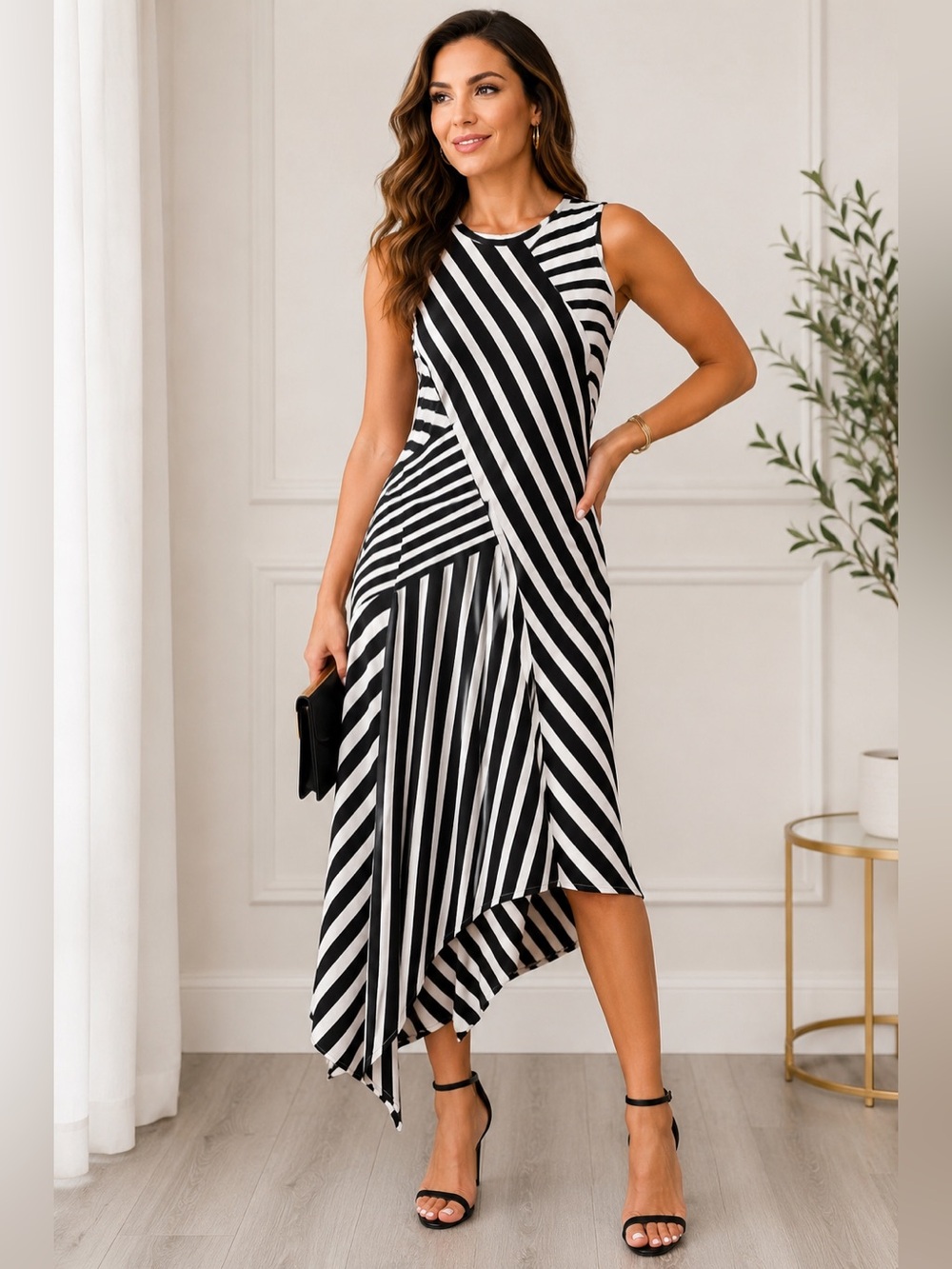Anne Klein Black White Striped Asymmetrical Midi Dress Large